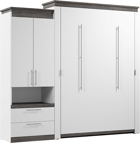 Bestar Orion Queen Murphy Bed with Storage Cabinet and Pull-Out Shelf (97W) in White and Walnut Grey, Sleeping Arrangement with Shelves | Storage Cabinet and Pull-Out Shelf; supports up to 1000 lb; min. ceiling height 90.4 in.; dual piston mechanism