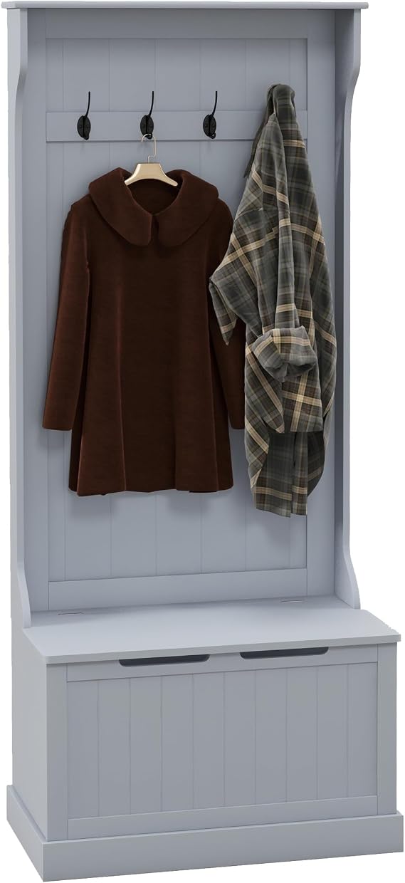 Gray 28" 3-in-1 Hall Tree with Bench and Shoe Storage, Mudroom Bench with Storage and Hooks, MDF Entry Hall Tree for Hallway, Coat Rack, and Seating