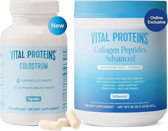 Vital Proteins Collagen Peptides Powder Unflavored 19.3OZ and Bovine Colostrum Supplement 90 Capsules