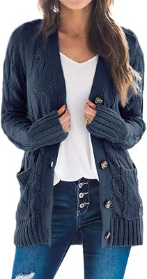 Goranbon Womens Cable Knit Cardigan Long Sleeve Open Front Button Down Knitwear Sweater Coat