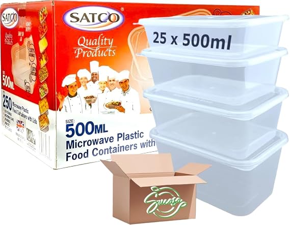 Sucasa Plastic Food Takeaway Heavy Duty Satco Plastic Containers with Lids 25x500ml | Durable Microwavable | Heavy Duty | Takeaway | Reusable & Disposable