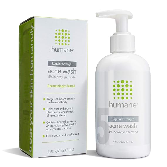 humane Benzoyl Peroxide Acne Body Wash - 10% Maximum-Strength Acne Treatment for Face, Skin, Butt, Back and Body - Dermatologist-Tested Non-Foaming Cleanser - Vegan, Cruelty-Free