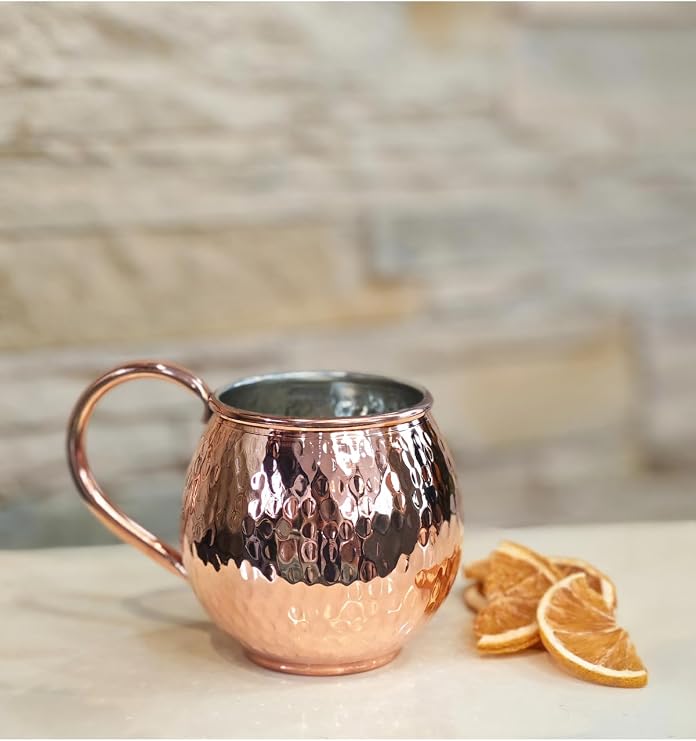 Copper Mule Mugs Set of 2, 16 oz Hammered Finish Drinkware for Moscow Mule Cocktails, Ecru - Bright Copper
