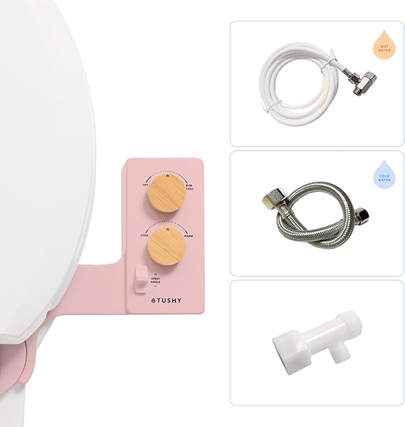 TUSHY Spa Warm Water Bidet Attachment for Toilet. Universal Fit, Easy Install (Requires Sink Access for Optional Temperature Control) Self Cleaning, Adjustable Pressure, Angle Control, Pink/Bamboo