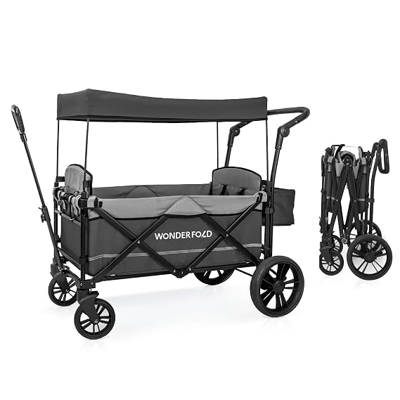 WONDERFOLD X2 Push & Pull Stroller Wagon (2 Seater) - Collapsible Wagon Stroller with 5-Point Seatbelt Harnesses, Push & Pull Handles & Removable Sun Canopy, Stone Gray