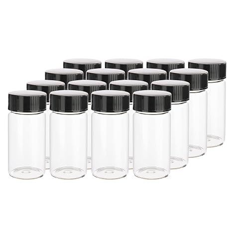 16pcs 25ml Clear Small Glass Vials with Black Screwcap Liquid Sampling Sample Glass Bottles for Chemistry Lab Chemicals