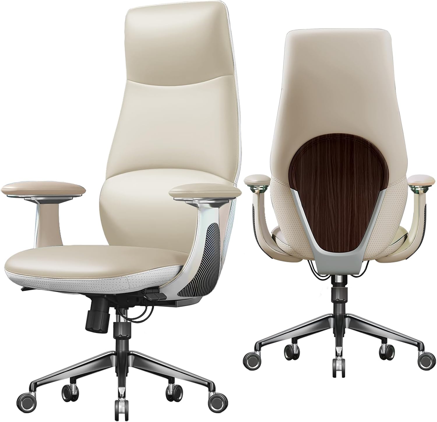 Ergonomic Genuine Leather Office Chair, Executive Chair with Tilt Adjustable High Back and Lumbar Support, 400lbs Weight Capacity Metal Base with 360° Flexible Wheels, White