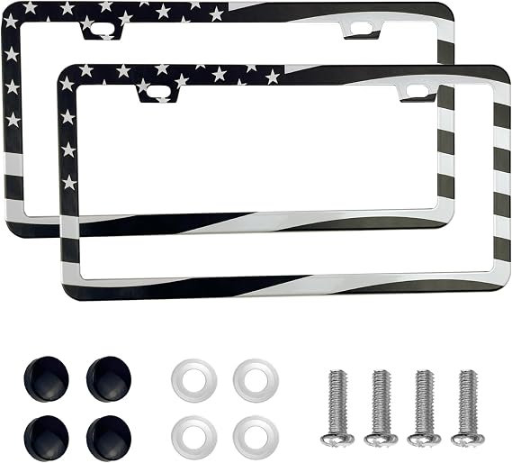 2PCS Premium American Flag License Plate Frame, Black License Plate Frames, 2 Holes Solid Stainless Steel License Plate Holder, Universal Car License Plate Frame for USA Flag, by Lengnoyp