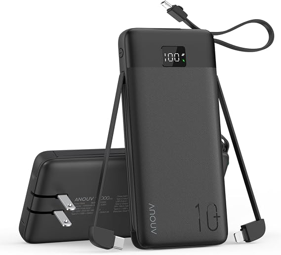 Portable Charger 10000mAh Power Bank w/Built-in 3 Cables & AC Wall Plug
