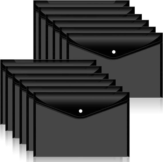 12 Plastic Filing Envelopes Snap Closure(Black) | Clear document folders for letter A4 size files, snap button closure, poly folders for school and office supplies