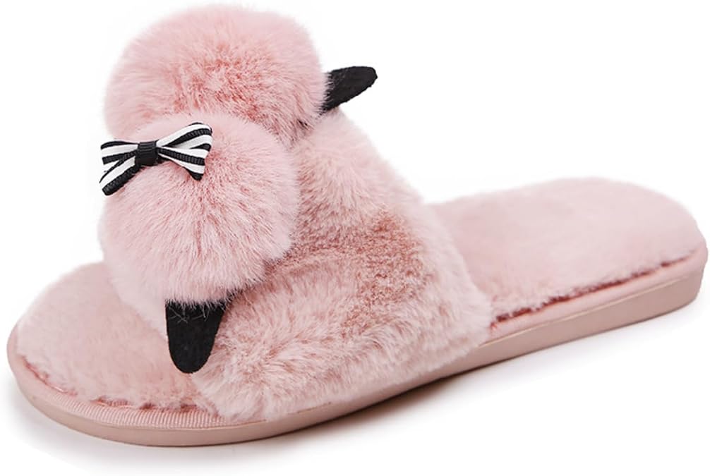 Womens Fuzzy Open Toe Slide Slippers with Cute Cat, Animal Slip-on Indoor Outdoor House Shoes with Rubber Sole