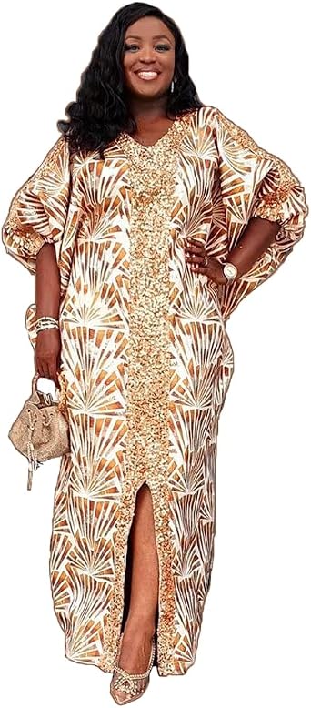 HD Womens Sequin African Bubu Dress Front Slit Stylish Plus Size Gown