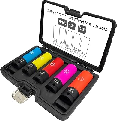 Greywolf 12 Drive Nut Sockets, 5-Pack Impact Nut Sockets Metric 17, 19, 21mm and SAE 1316, 78 Chrome-Moly Steel, Thin Wall Hub Removal Tool with Color Protective Cover