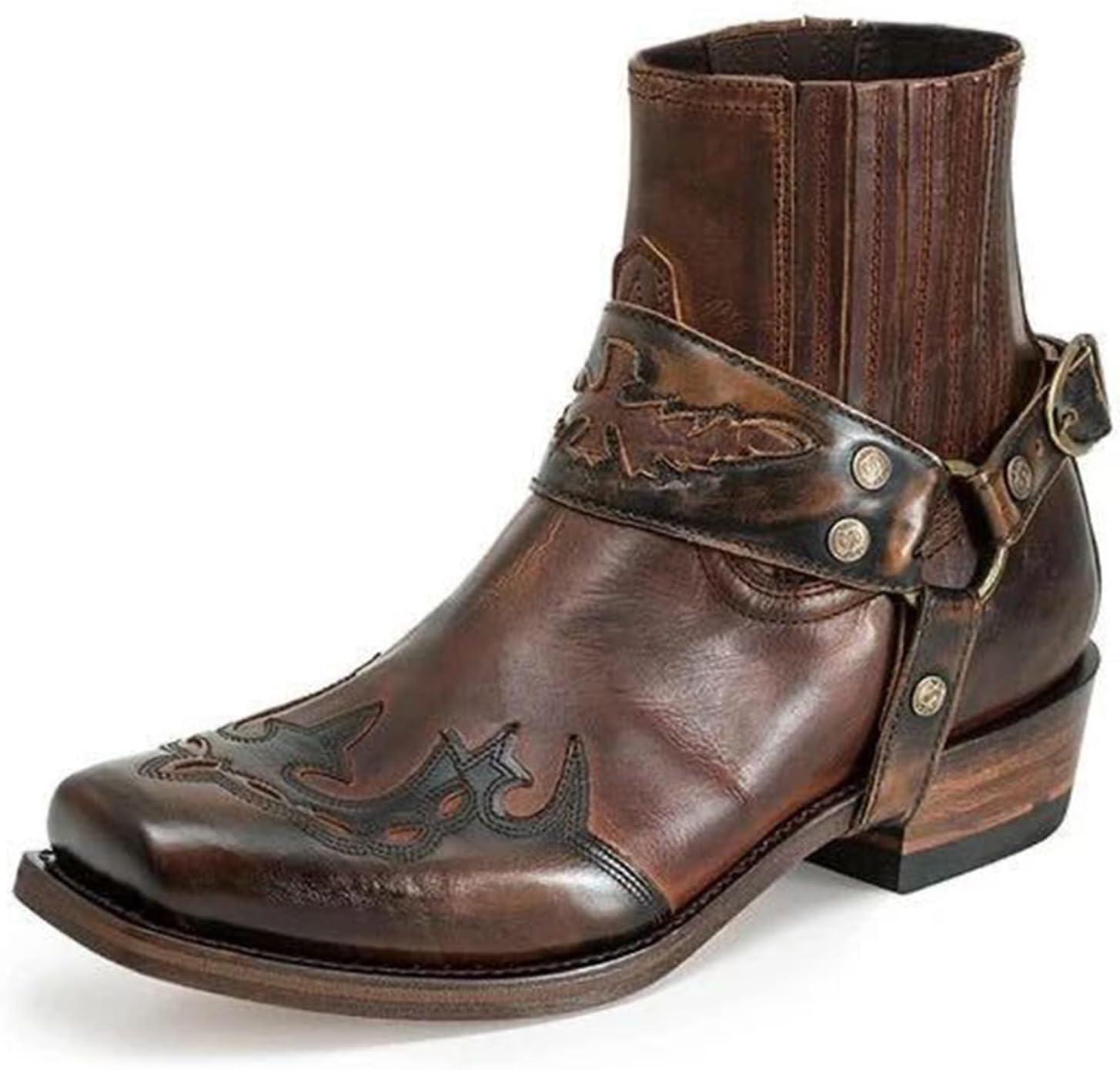 Men's Western Ankle Boots Buckle Strap Boots Retro Leather Square Toe Cowboy Short Boots Cowboy Motorcycle Boots