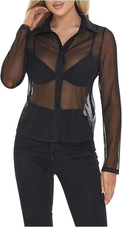 GORGLITTER Women's Sheer See Through Tops Blouse Shirt Long Sleeve Collar Fall Blouses 2024