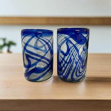 Blue Swirl Hand-Blown Glass | Mexican Drinking Tumbler-Set of 20