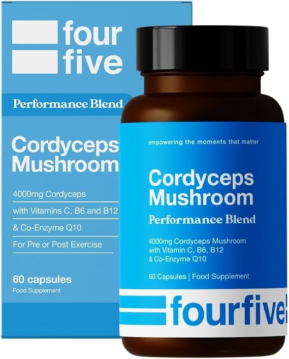 fourfive Cordyceps Mushroom Supplement (4000mg) Performance Blend with CoQ10 and Vitamins C, B6 and B12, Support Physical Performance, Energy & Recovery - 60 Capsules