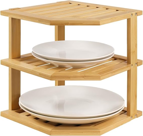BFTOU Bamboo Plate Organizer Kitchen Cabinet Organizer 3 Tier Corner Counter Shelf for Plate Dish Bathroom Countertop Shelves, Natural