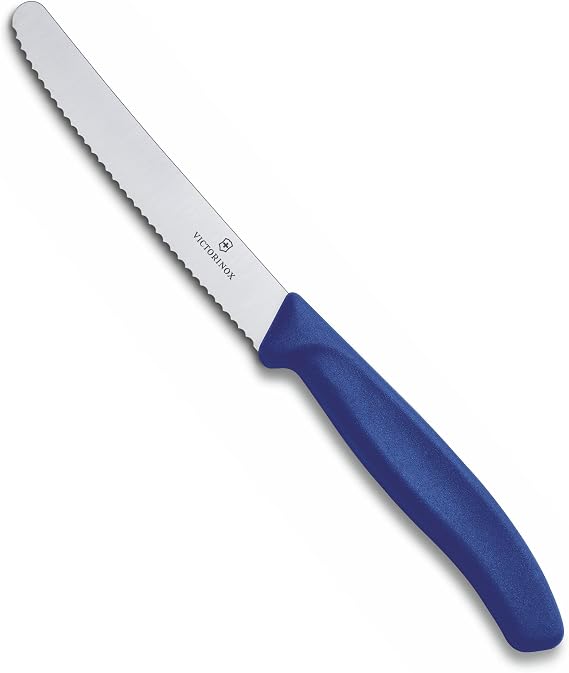 Victorinox 6.7832 Swiss Classic Tomato and Table Knife Ideal for Cutting Fruits and Vegetables with Soft Skin Serrated Blade in Blue, 4.3 inches