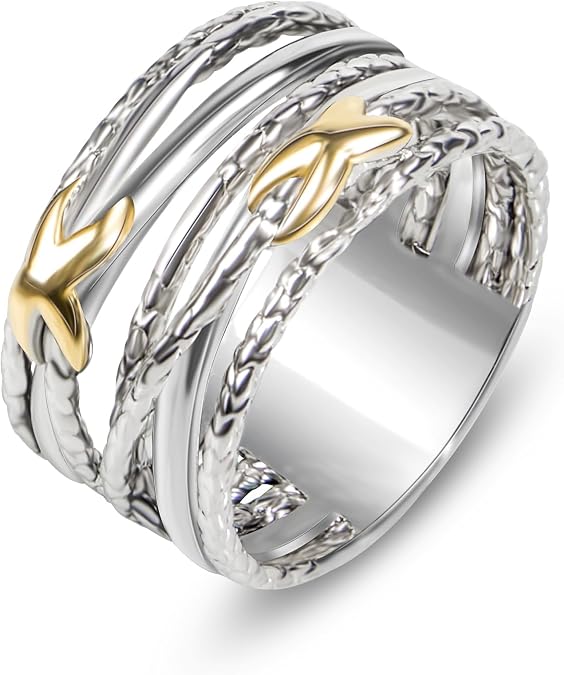 Designer Jewelry Two Tone Cable Wire Intertwined Crossover Statement Ring Chunky 11 mm Wide Band Rings for Women Gift
