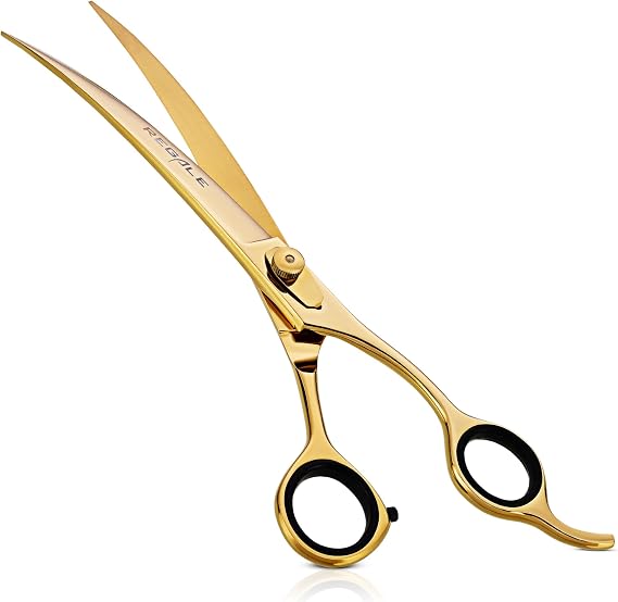 Professional 9.5 Golden Curved Barber Scissors Long Blade Hair Cutting Shears with Adjustable Tension, Precision Curve, Titanium-Coated Stainless Steel, Ergonomic Offset Handle for Salon & Grooming