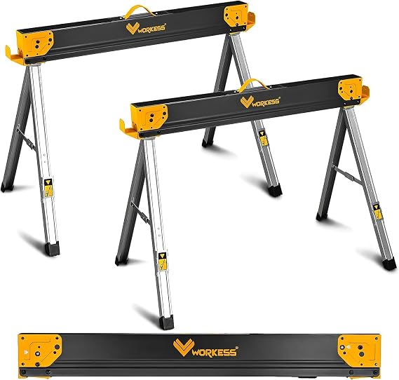 Saw Horses 2 Pack Folding, Heavy Duty Sawhorse Table 2600 Lbs Load Capacity with 2x4 Support Legs, Portable Folding and Fast Open Legs and Easy Grip Handle for Woodworking.