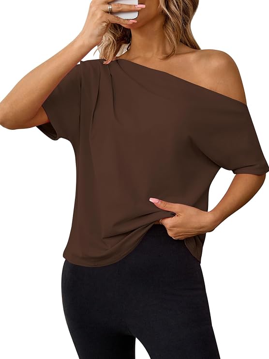 Womens Off The Shoulder Tops Summer Pleated Short Sleeve T Shirt Asymmetrical Ruched Tee Going Out Tops