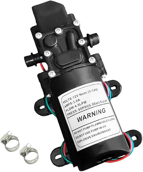 Water Pump Diaphragm DC 12V with 2 Hose Clamp 12 Volt Diaphragm Self Priming Sprayer Pump with Pressure Switch 4.5 L/Min 1.2 GPM 80 PSI Adjustable for RV Camper Marine Boat La