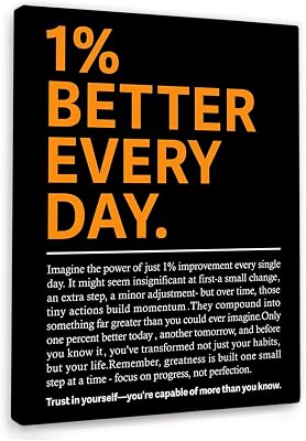 YEOION 1% Better Every Day Wall Decor,Black Motivational Quote Wall Art Canvas Frame Print for Home Office Workplace Wall Decor