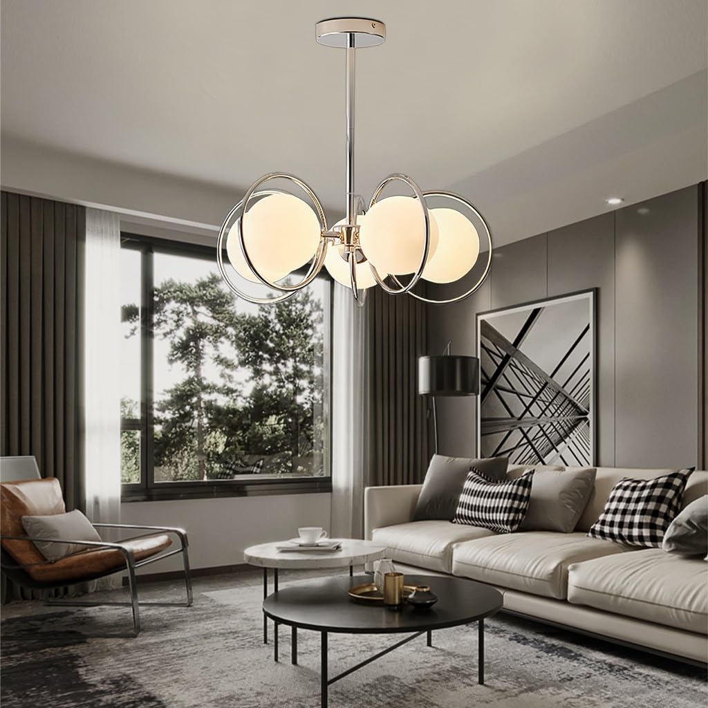 Sputnik E27 chandelier chrome dining room metal creative Pendant lighting modern bubble glass ball 5 light Hanging Lamp living room bedroom Kitchen Island Mid Century Ceiling Light (Size : 5 h