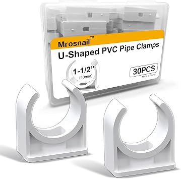 30 Pcs U-Shaped PVC Pipe Clamps, 40mm White Clips for 1-1/2" Water Pipes, Durable Support & Easy Installation