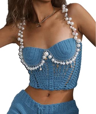 Womens Sexy Pearl Crochet Crop Tops Hollow Out Strapless Cami Summer Beach Halter