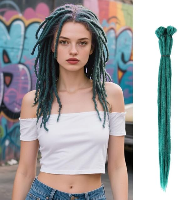 Handmade 20" Single Ended Braids Dreads Loc Extensions Soft 5 Locks Dreadlock Extensions Synthetic Reggae Hippe Style Crochet Hair for Women (Green)
