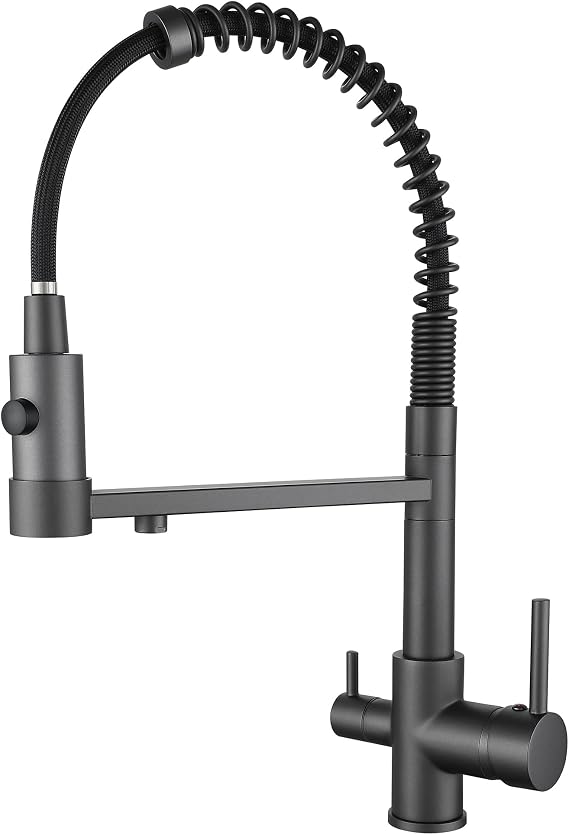 3 Way 1 Kitchen Sink Tap with Pull Out & Down Sprayer - Commercial Single Handle Lever Spring Tap (Grey)
