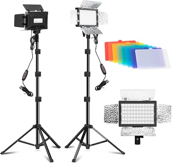 Jiang&Rong 2 Pack LED Video Lighting Kit -5600K Adjustable USB Studio Light | with Barndoor, 9 Colors, for Photography, Streaming, YouTube, TikTok, Film, Recording Studio, Camera Photo Light