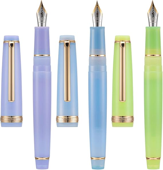 3 Jinhao 82 Fountain Pen Transparent Purple, Blue and Green Acrylic, Medium Point Gold Trim with Converter Set