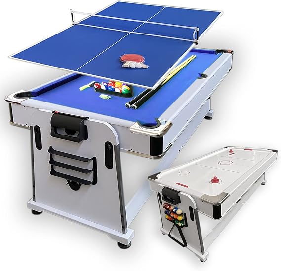 7ft Pool Table Air Hockey 3 in 1 Pool Table White with Blue Felt - Polar