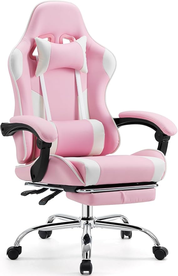 Sweetcrispy Video Game Chair - Ergonomic Lumbar Support Computer Desk with Footrest,Comfy PU Leather Recliner with Headrest, Fixed Up Armrest, Height Adjustable with 360 Swivel, for Adults, Pink