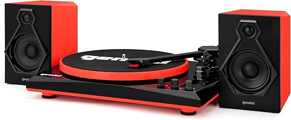 Gemini Bluetooth Turntable with Built-in Speakers, Red (TT-900BR) | Bluetooth turntable with built-in speakers - 3-speed, ceramic cartridge - RCA output - easy setup