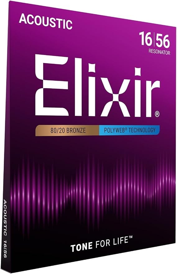 Elixir Strings, Acoustic Guitar Strings, 80/20 Bronze with POLYWEB Technology, Longest-Lasting Warm Tone with Comfortable Feel, 6 String Set, Resonator 16-56