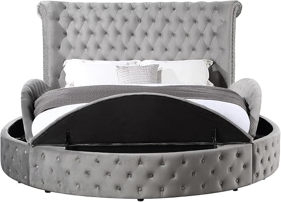 Circle Bed Frame Queen, Luxury Bed Frames with Wingback Headboard and Storage Side Rails & Footboard, Velvet Round Bed Frame with Button Tufted and Nailhead Trim, Circle Bed for Bedroom