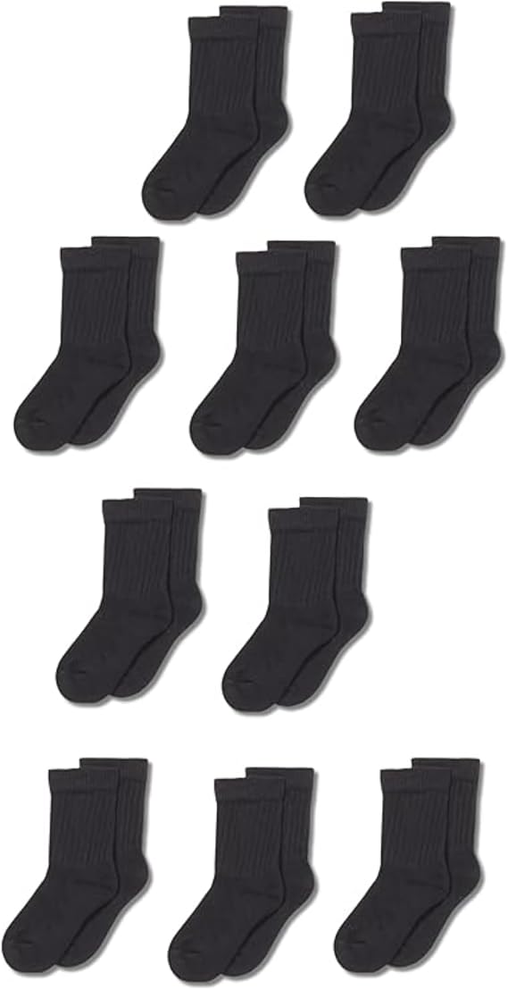 Amazon Essentials Unisex Kids and Toddlers' Cotton Cushioned Crew Socks, 10 Pairs