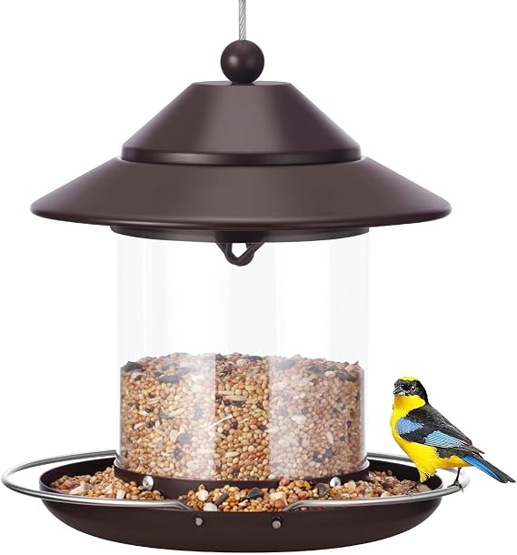 Bird Feeders for Outdoors, Hanging Small Metal Roof Bird Feeder with Clear Tube Seed Capacity for Viewing Cardinal Finch, Wild Birdfeeders for Outside Garden Yard Decoration (2lb:Brown)