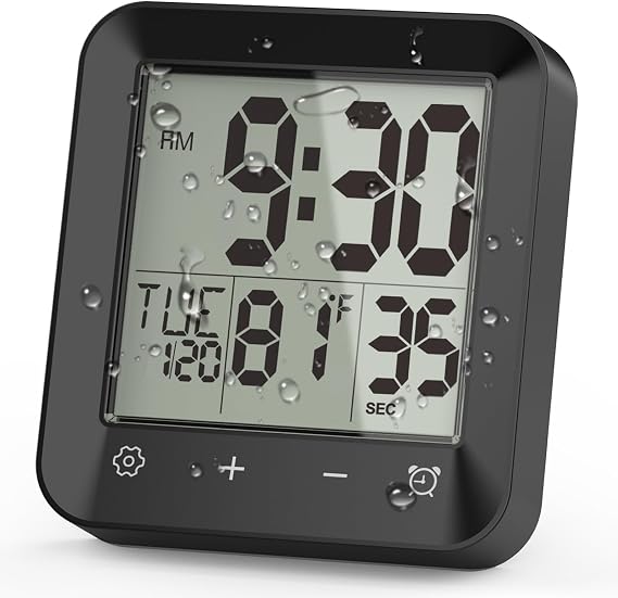 Waterproof Shower Clock Timer, Bathroom Clock with Countdown, Touch Screen, Indoor Temperature, Suction Cup, LCD Digital Wall Clock for Bath, Kitchen
