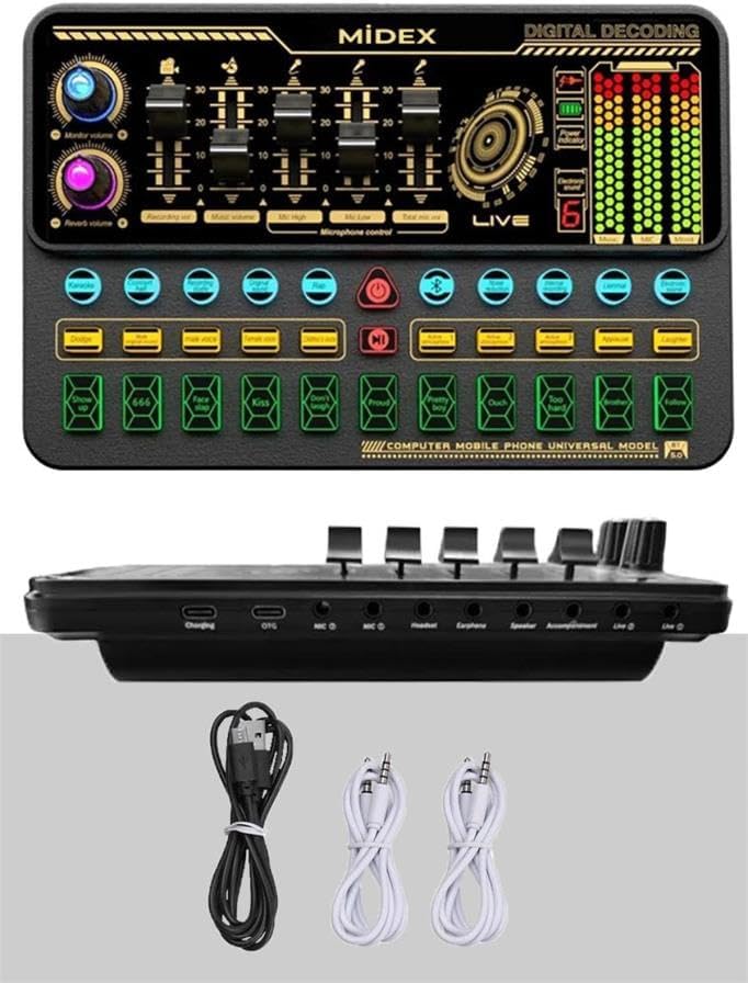 Midex VS11 High-End Studio Recording Live Broadcast Radio Mixer with Bluetooth and Rechargeable Sound Card Effect Phone and PC Podcast
