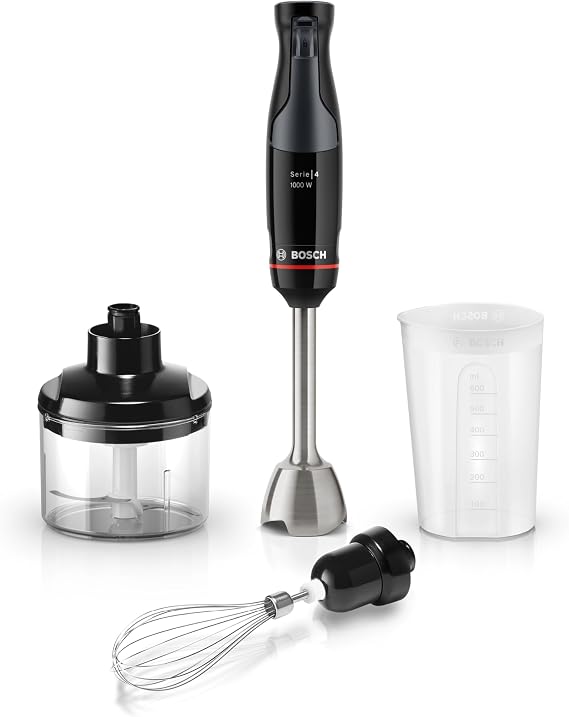 Bosch ErgoMaster Series 4 MSM4B621GB Pressure Controlled Speed 2 in 1 Hand Blender with Chopper, Beaker and Whisk, Stainless Steel Blade, 1000 W Motor, Black