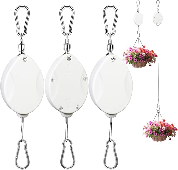 3Pcs Retractable Plant Hanger,Easy to Raise and Lower,White | 100% Thicker Wire Rope, Heavy Duty, Quick Auto Lock, Adjustable Hook for Garden Baskets Pots,Birds Feeder and Grow Lights