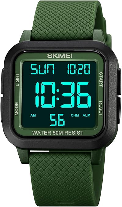 SKMEI Digital Sports Mens Watches 5ATM Waterproof Wrist Watches for Men with Stopwatch Countdown Timer Alarm Function Dual Time Large Face Easy to Read(Green Black)