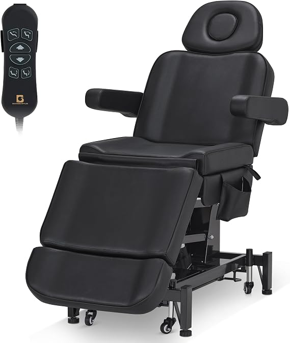 BarberPub 3-Motor Electric Beauty Bed Salon Chair Foot Caster Black 2754 | 79.5 in, height 28.5-35.8 in, PVC leather, 3 motor remote, back 45 leg 33, foot caster wheels, esthetician spa beauty bed