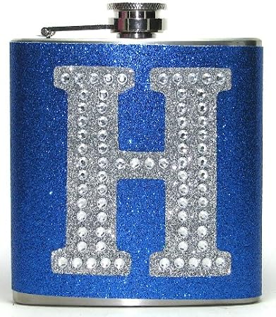 Royal Blue Personalized Large Rhinestone Bling Glitter Initial 6 oz Liquor Hip Flask Flasks Gift